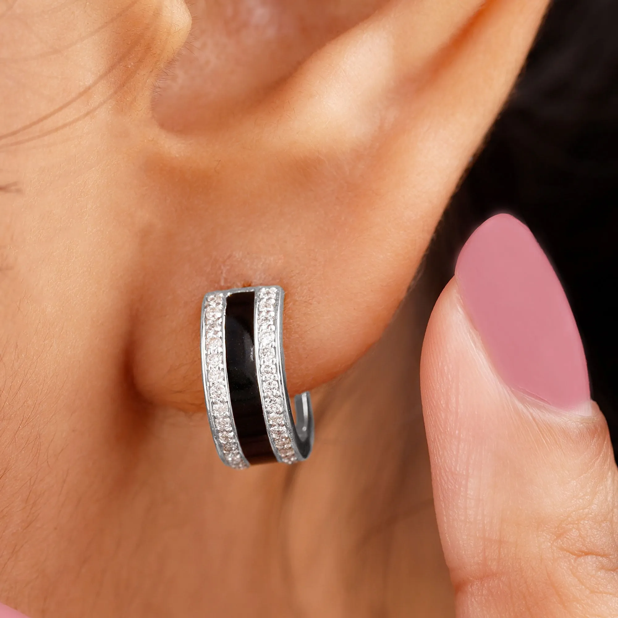 0.50 CT Certified Moissanite Black Enamel Hoop Earrings