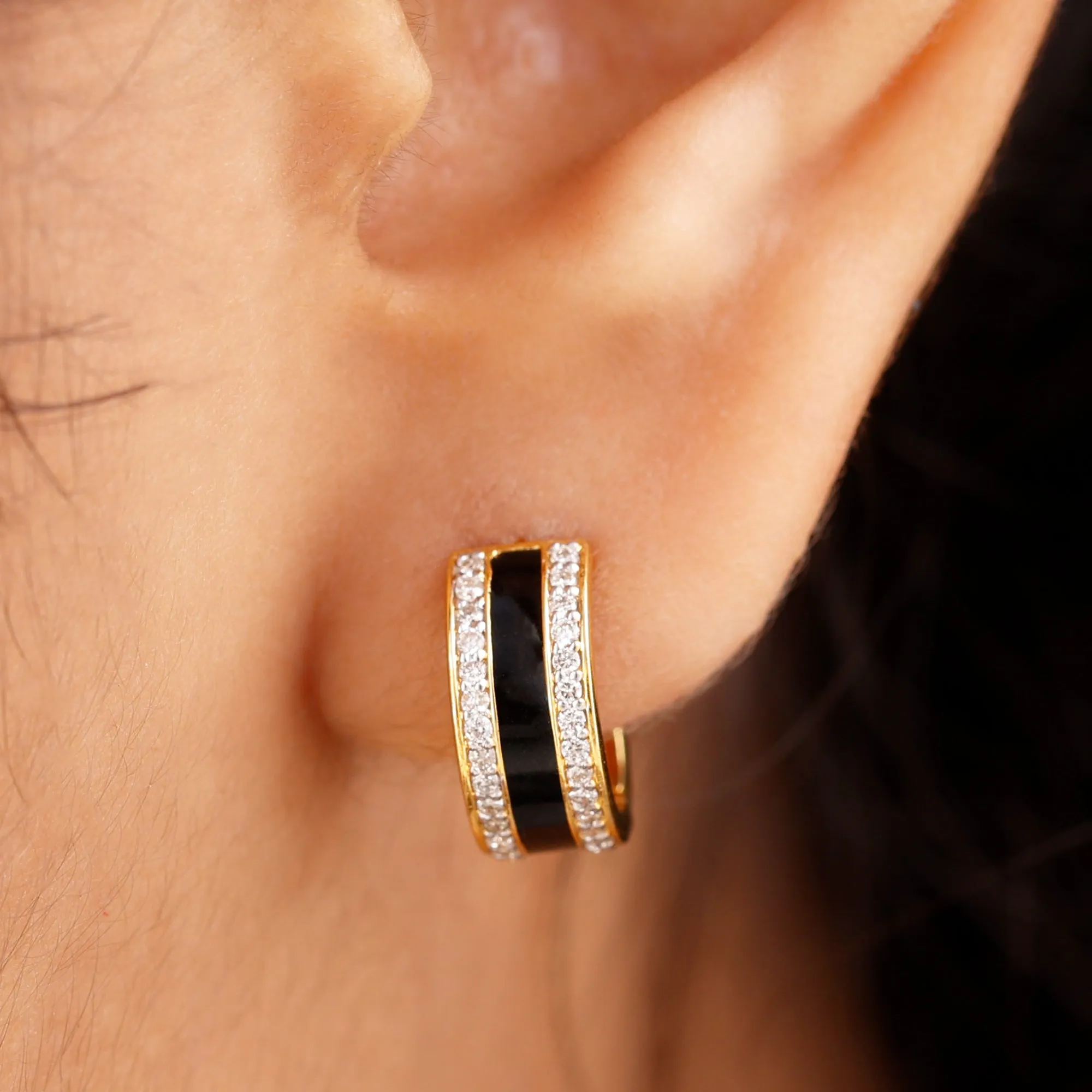0.50 CT Certified Moissanite Black Enamel Hoop Earrings