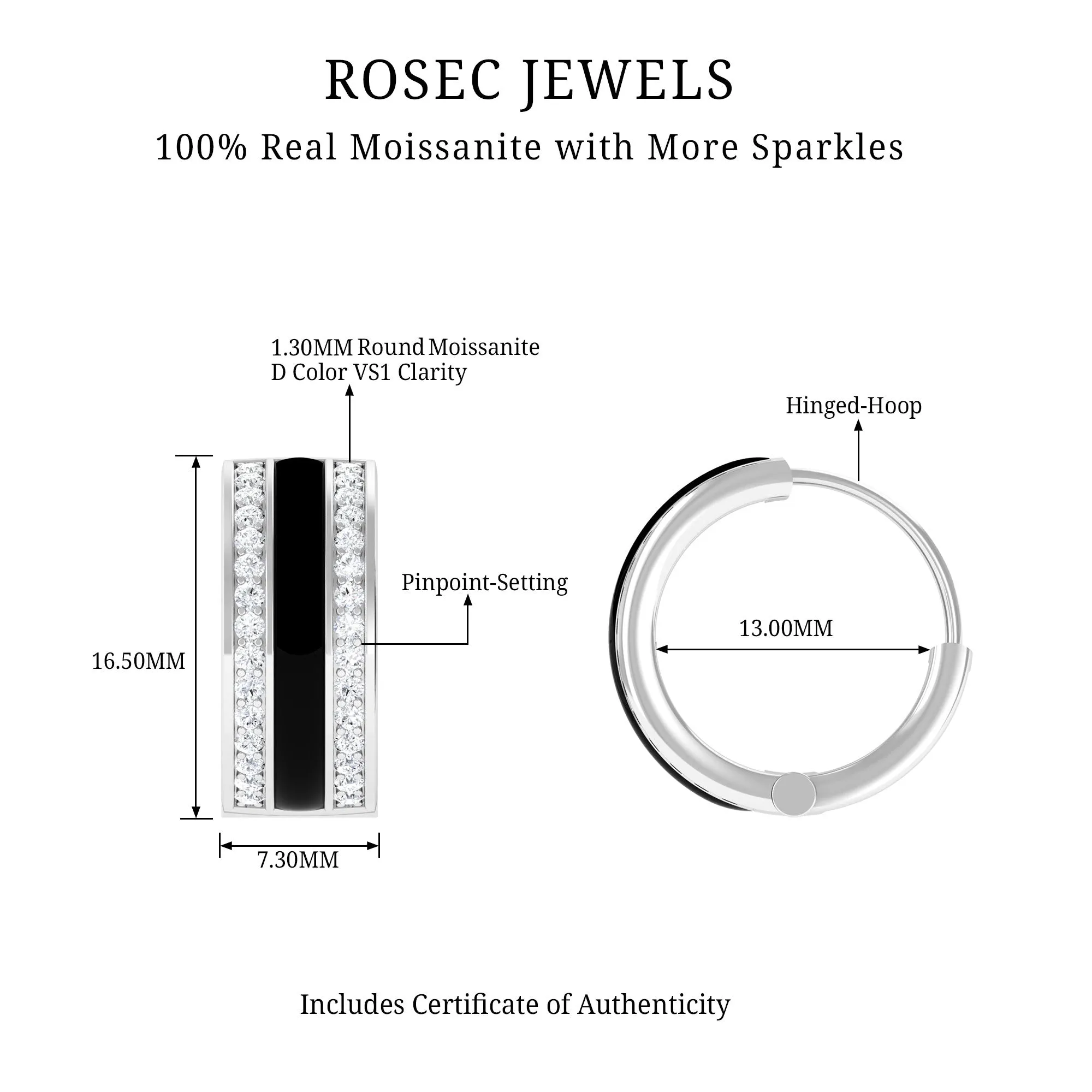 0.50 CT Certified Moissanite Black Enamel Hoop Earrings