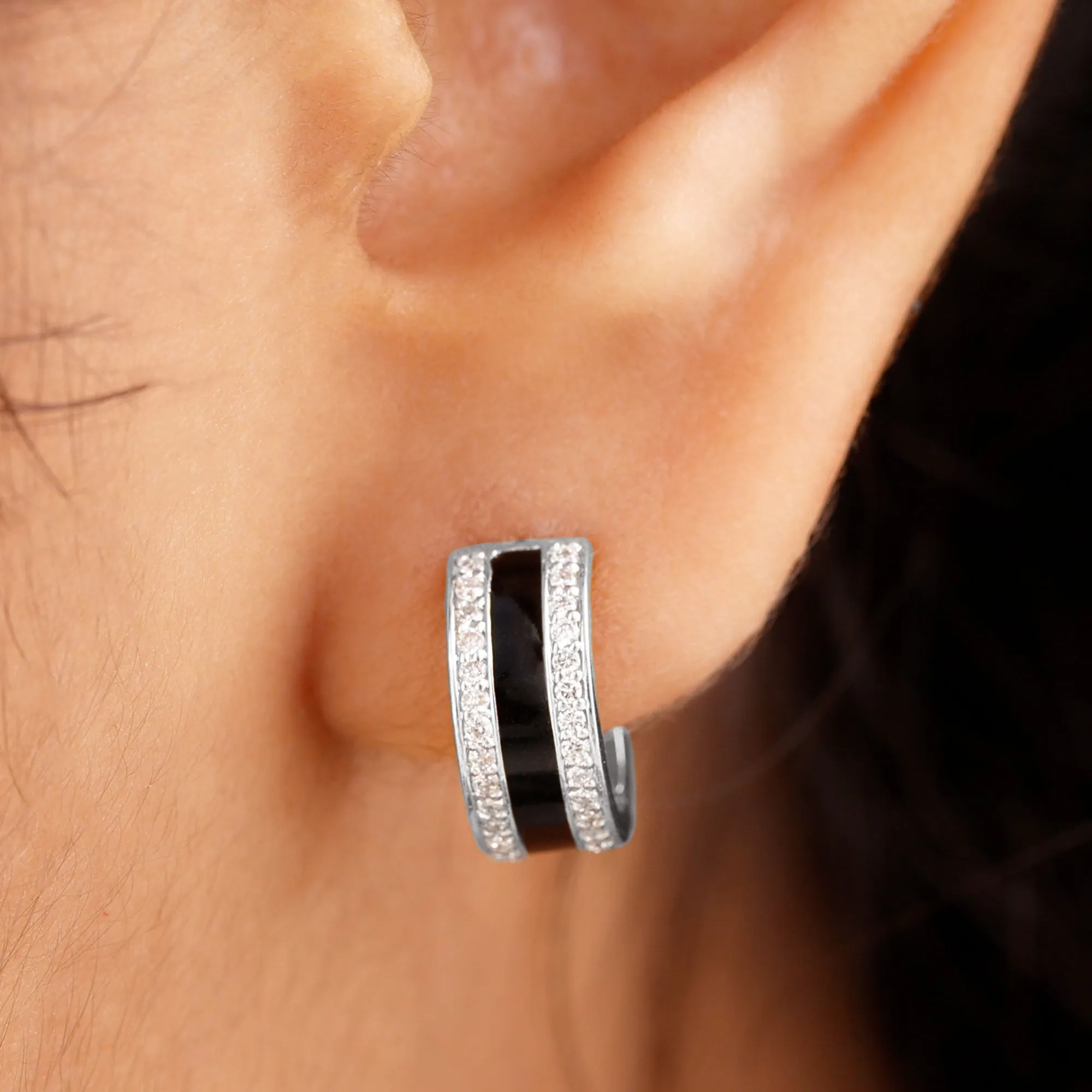 0.50 CT Certified Moissanite Black Enamel Hoop Earrings