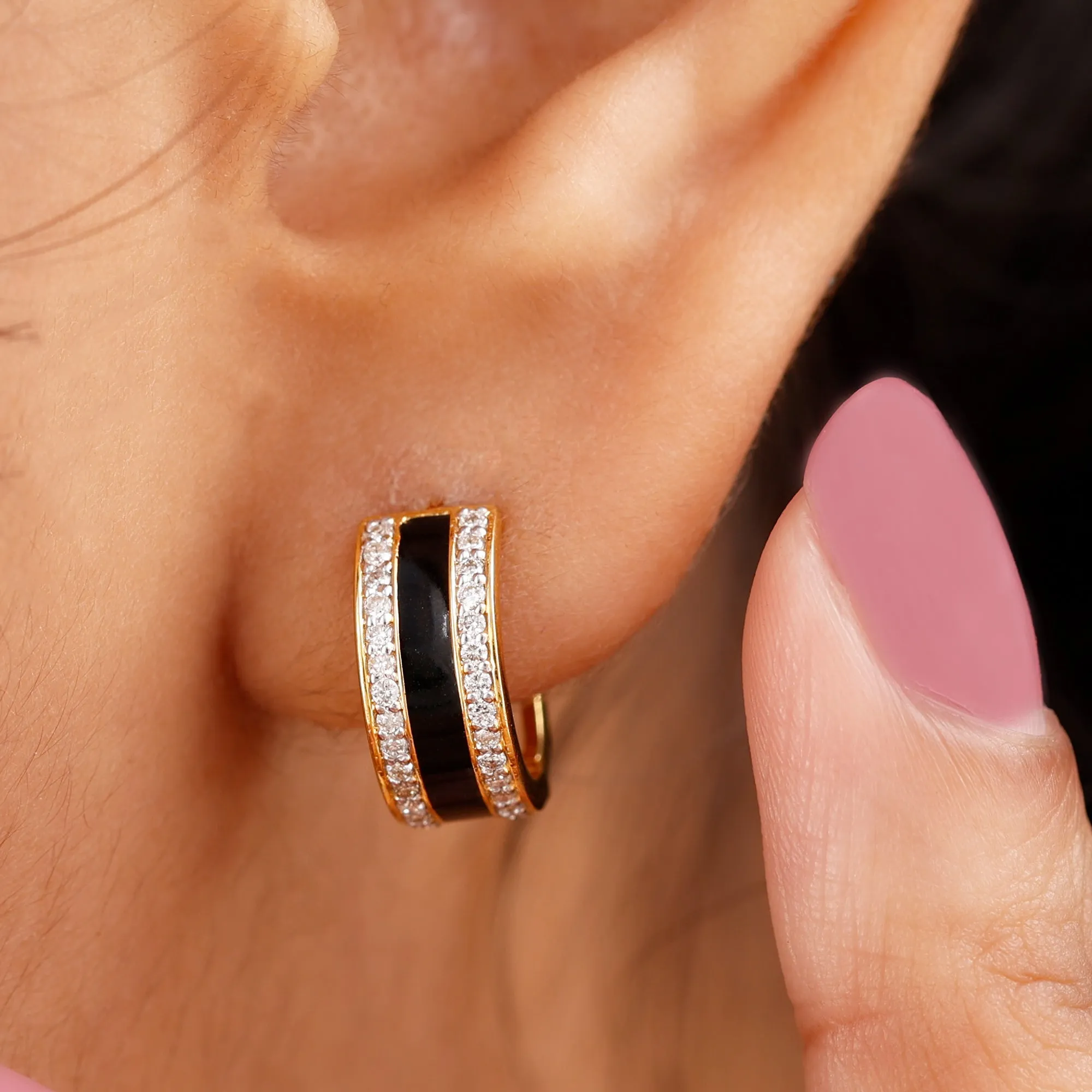0.50 CT Certified Moissanite Black Enamel Hoop Earrings