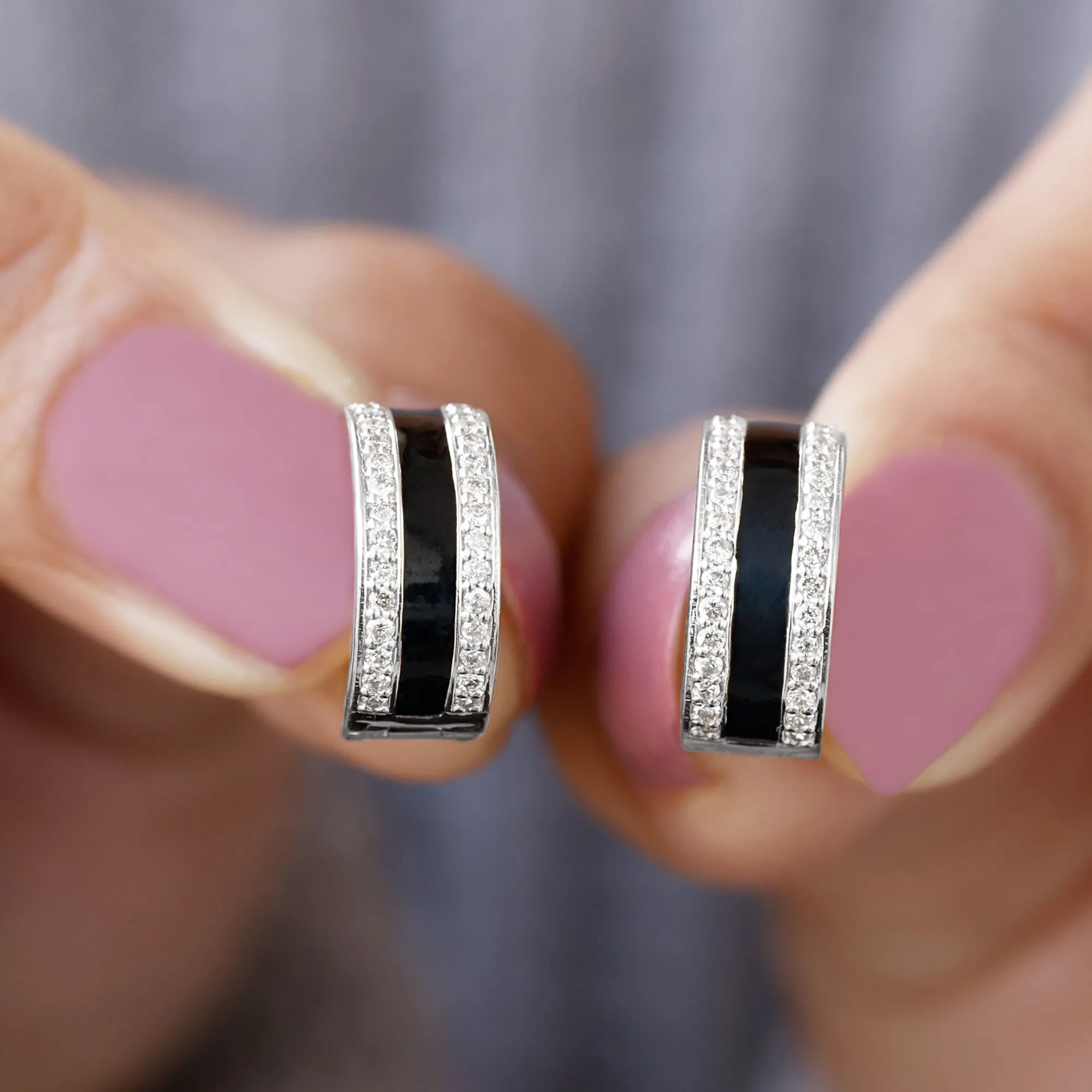 0.50 CT Certified Moissanite Black Enamel Hoop Earrings