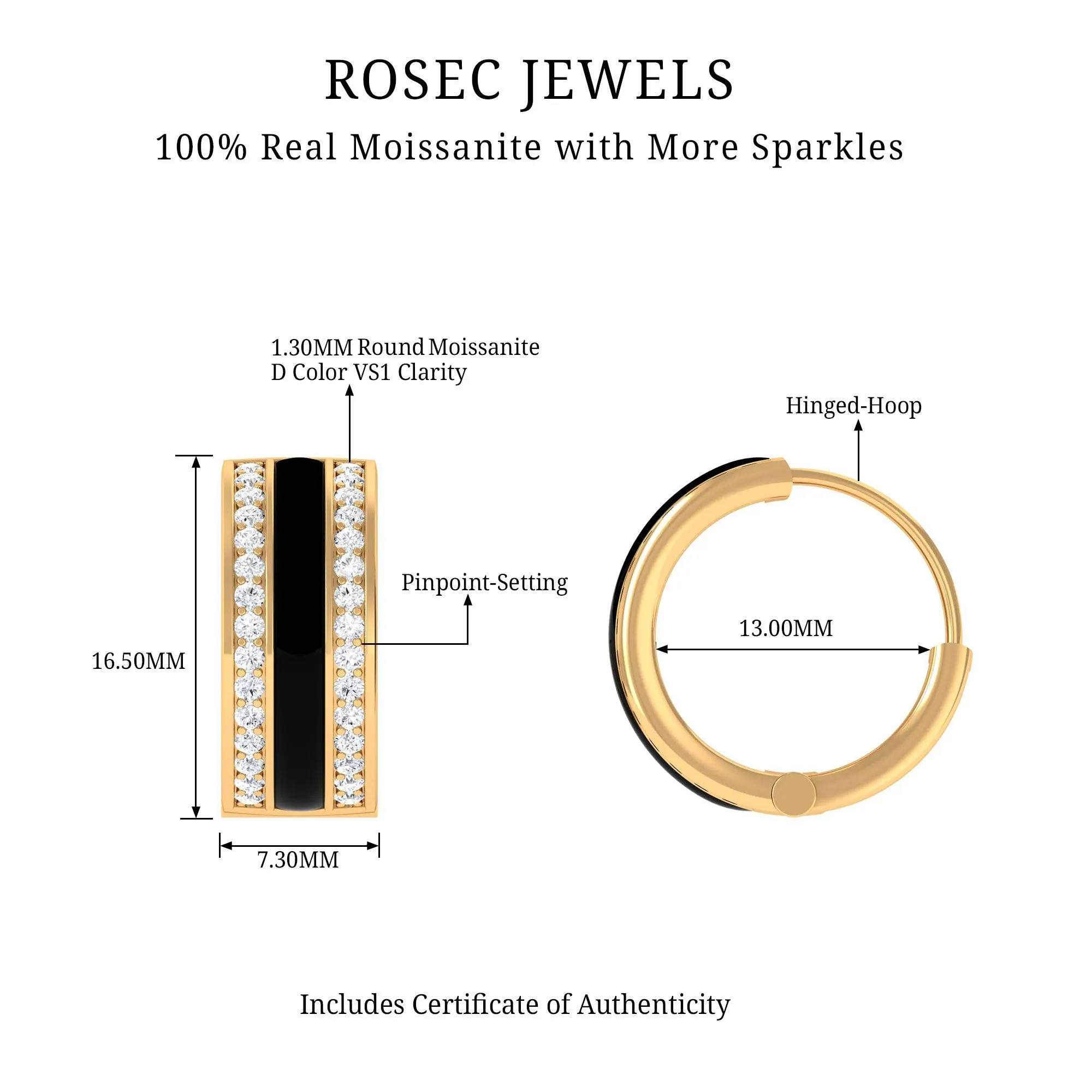 0.50 CT Certified Moissanite Black Enamel Hoop Earrings