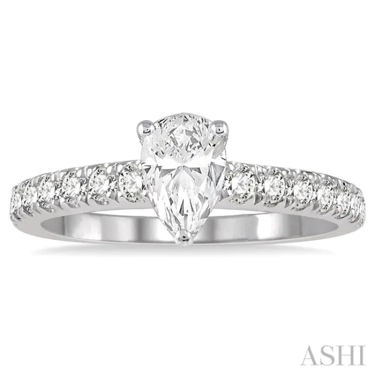 1 1/10 Ctw Pear Shape Diamond Ladies Engagement Ring with 5/8 Ct Pear Cut Center Stone in 14K White Gold