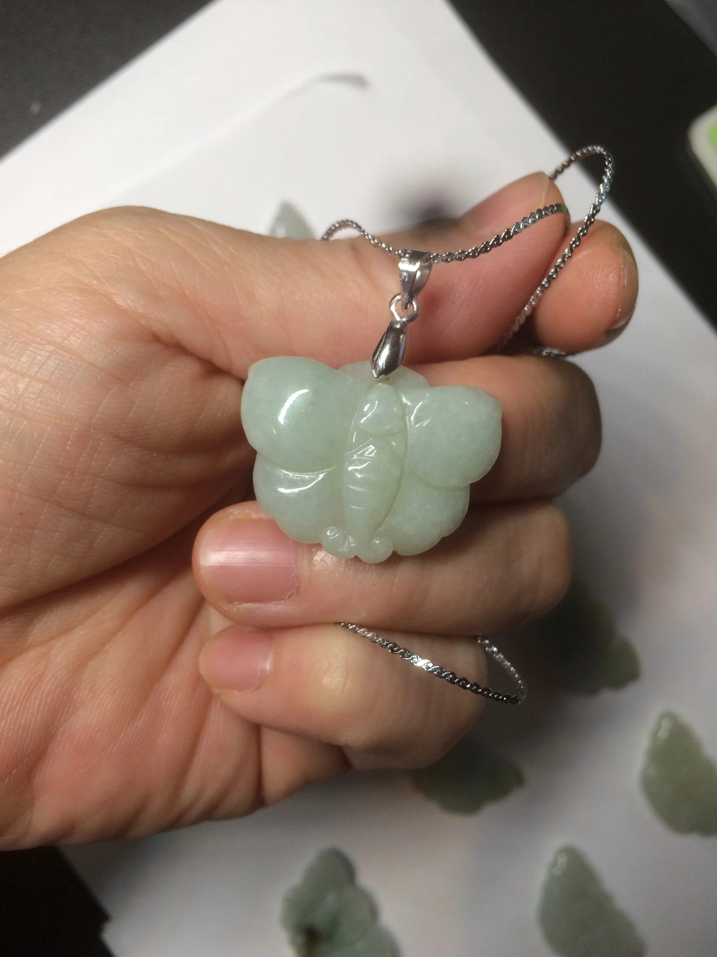 100% Natural light green 3D Jadeite Jade butterfly pendant KS99