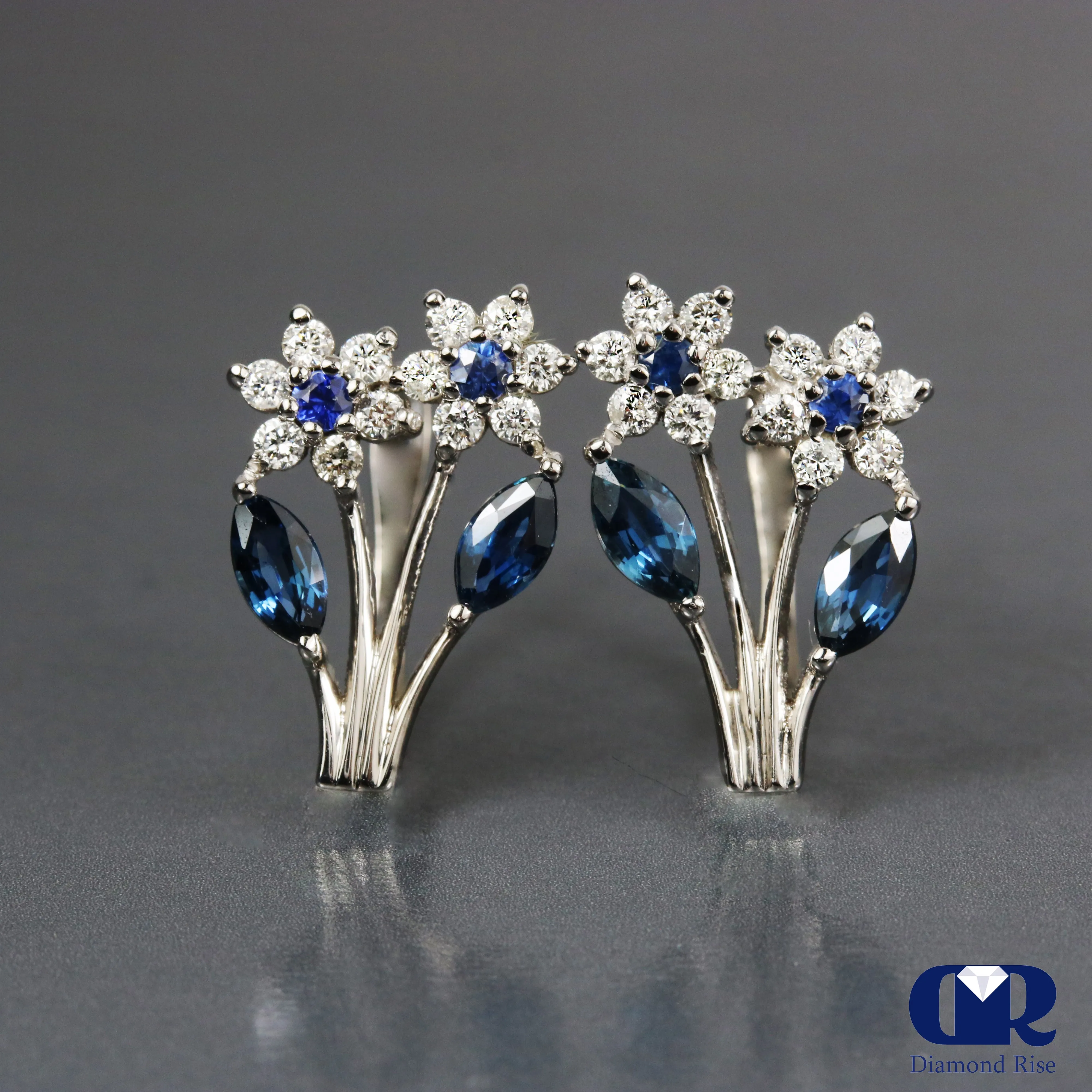 1.18 Carat Diamond & Sapphire floral Style Earrings With Lever back 14K Gold
