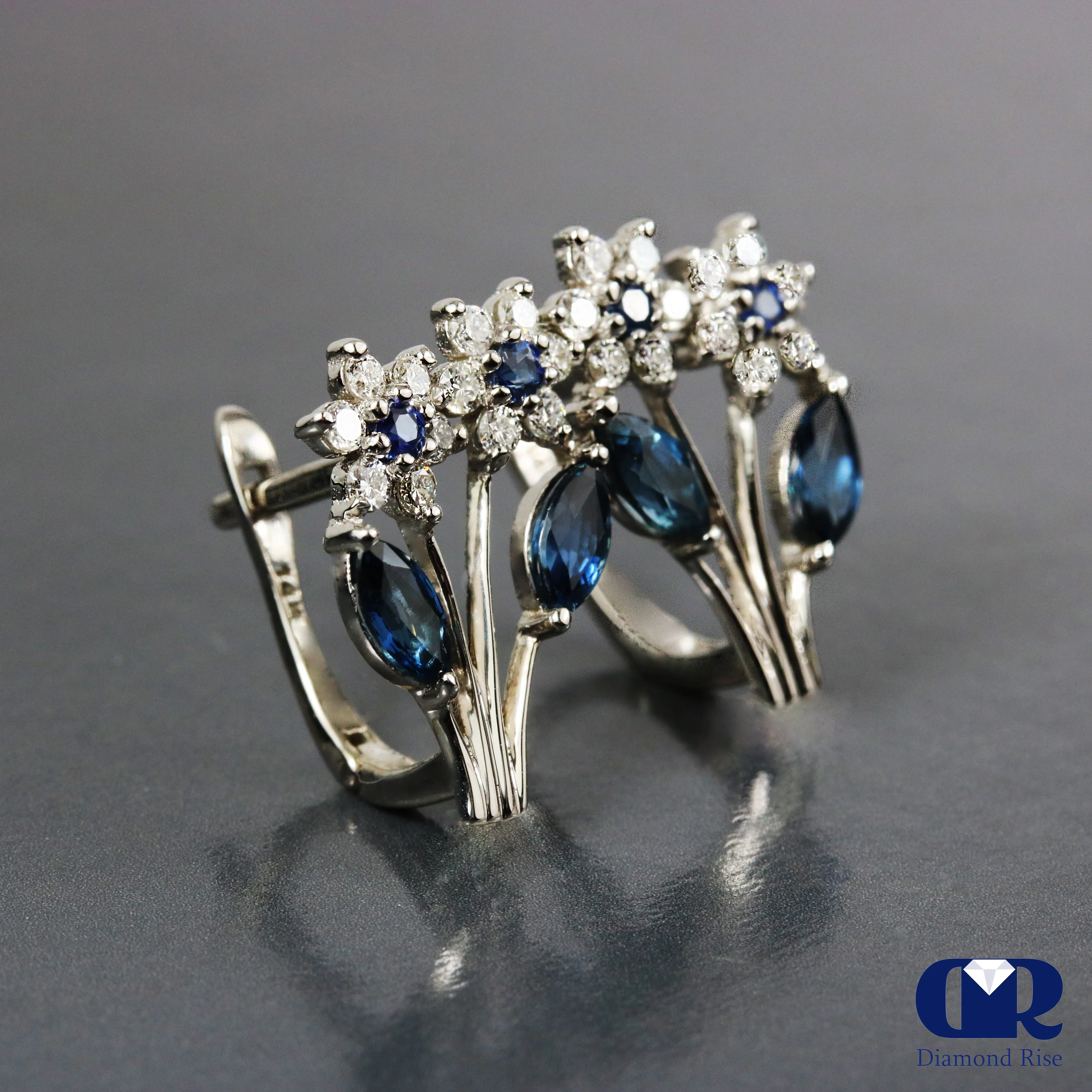 1.18 Carat Diamond & Sapphire floral Style Earrings With Lever back 14K Gold