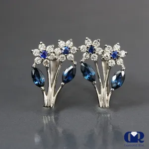 1.18 Carat Diamond & Sapphire floral Style Earrings With Lever back 14K Gold