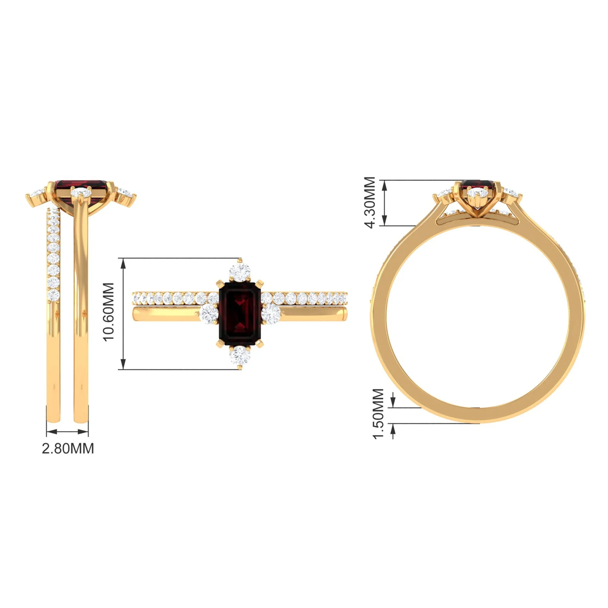 1.25 Ct Octagon Solitaire Garnet and Diamond Ring Set