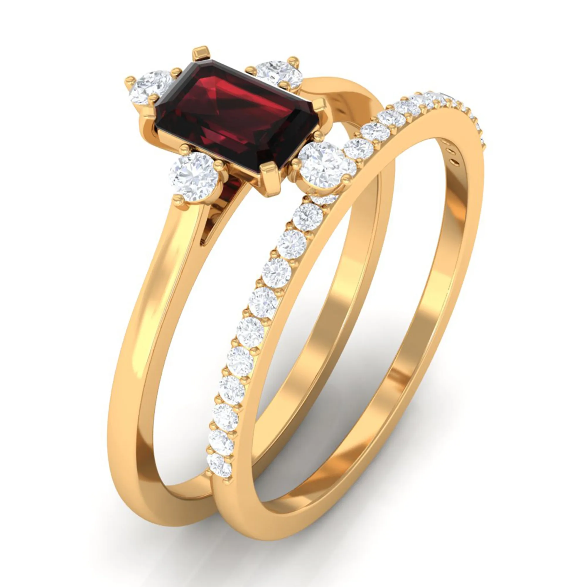 1.25 Ct Octagon Solitaire Garnet and Diamond Ring Set