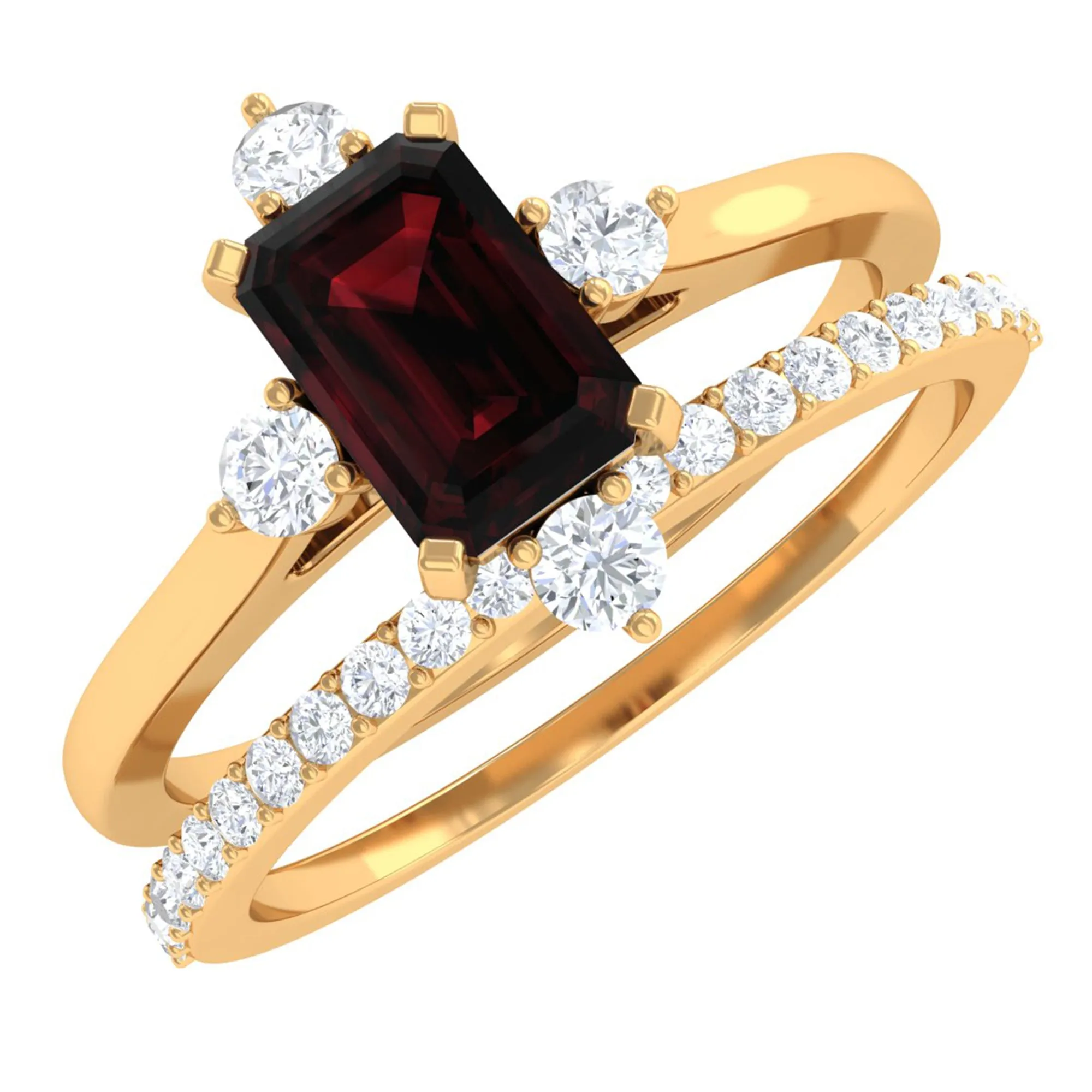 1.25 Ct Octagon Solitaire Garnet and Diamond Ring Set