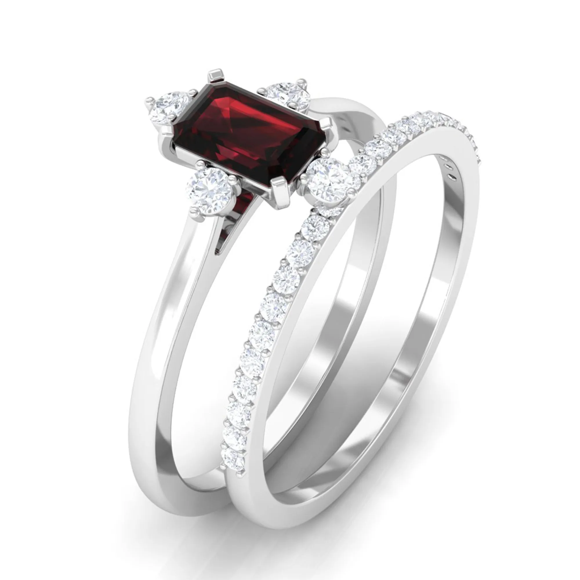 1.25 Ct Octagon Solitaire Garnet and Diamond Ring Set