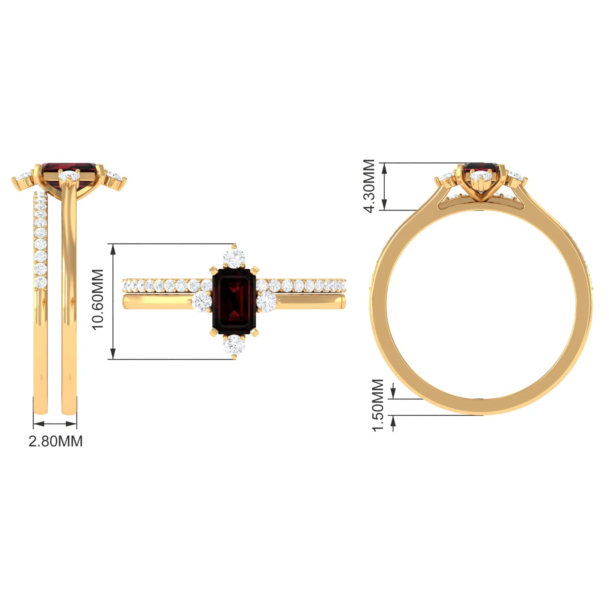 1.25 Ct Octagon Solitaire Garnet and Diamond Ring Set