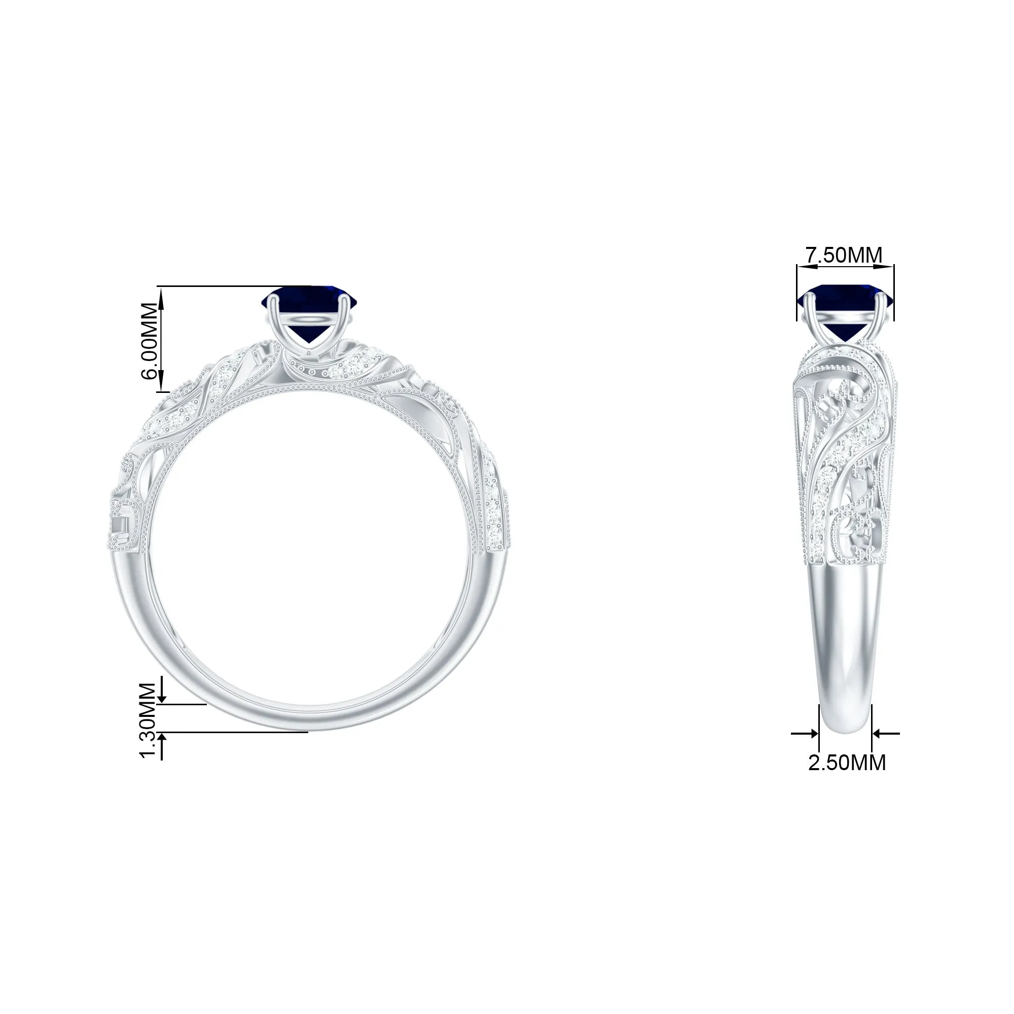 1.25 CT Vintage Style Blue Sapphire Engagement Ring with Diamond