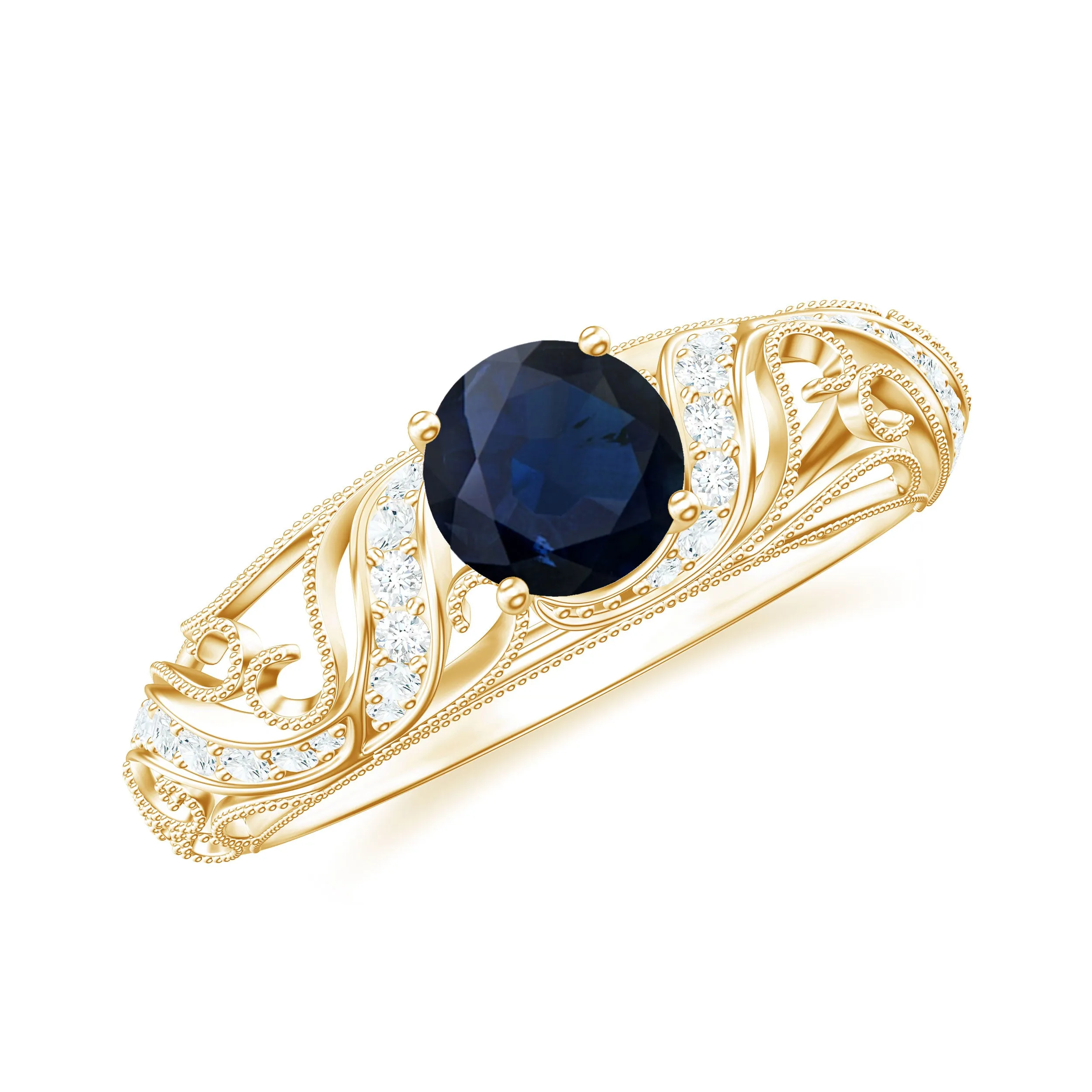 1.25 CT Vintage Style Blue Sapphire Engagement Ring with Diamond