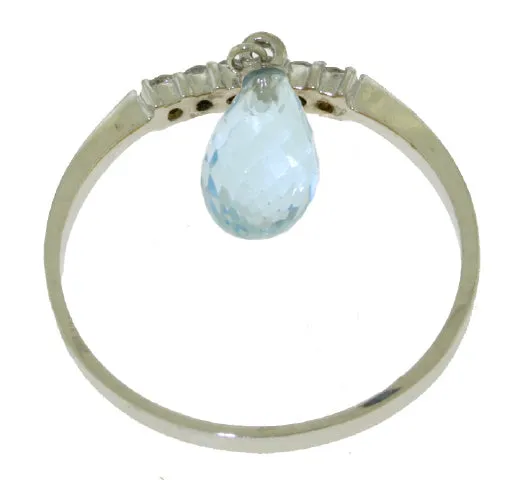 1.45 Carat 14K Solid Yellow Gold Ring Natural Diamond Dangling Blue Topaz