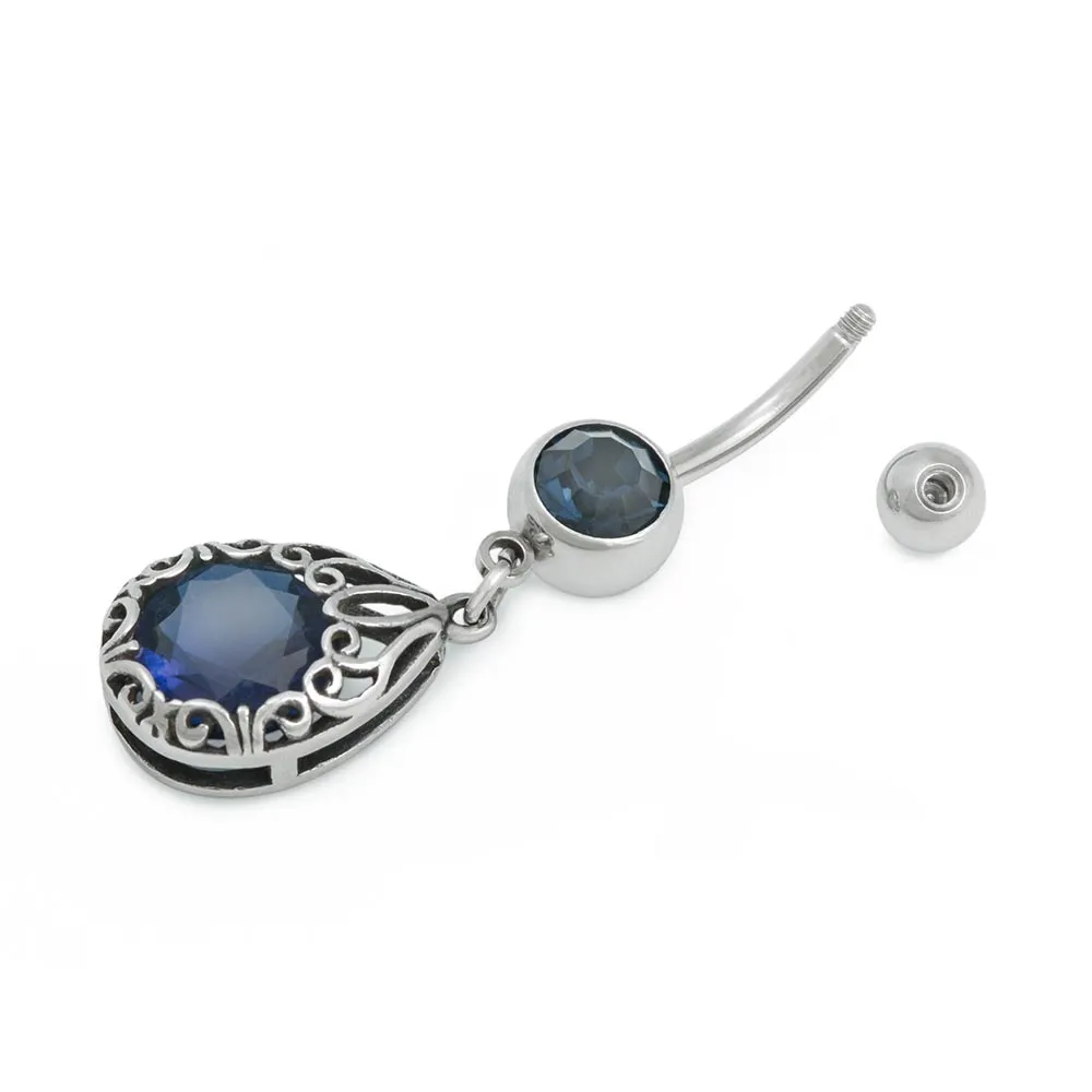 14g 3/8” Antique Teardrop Frame Blue Jeweled Belly Button Ring