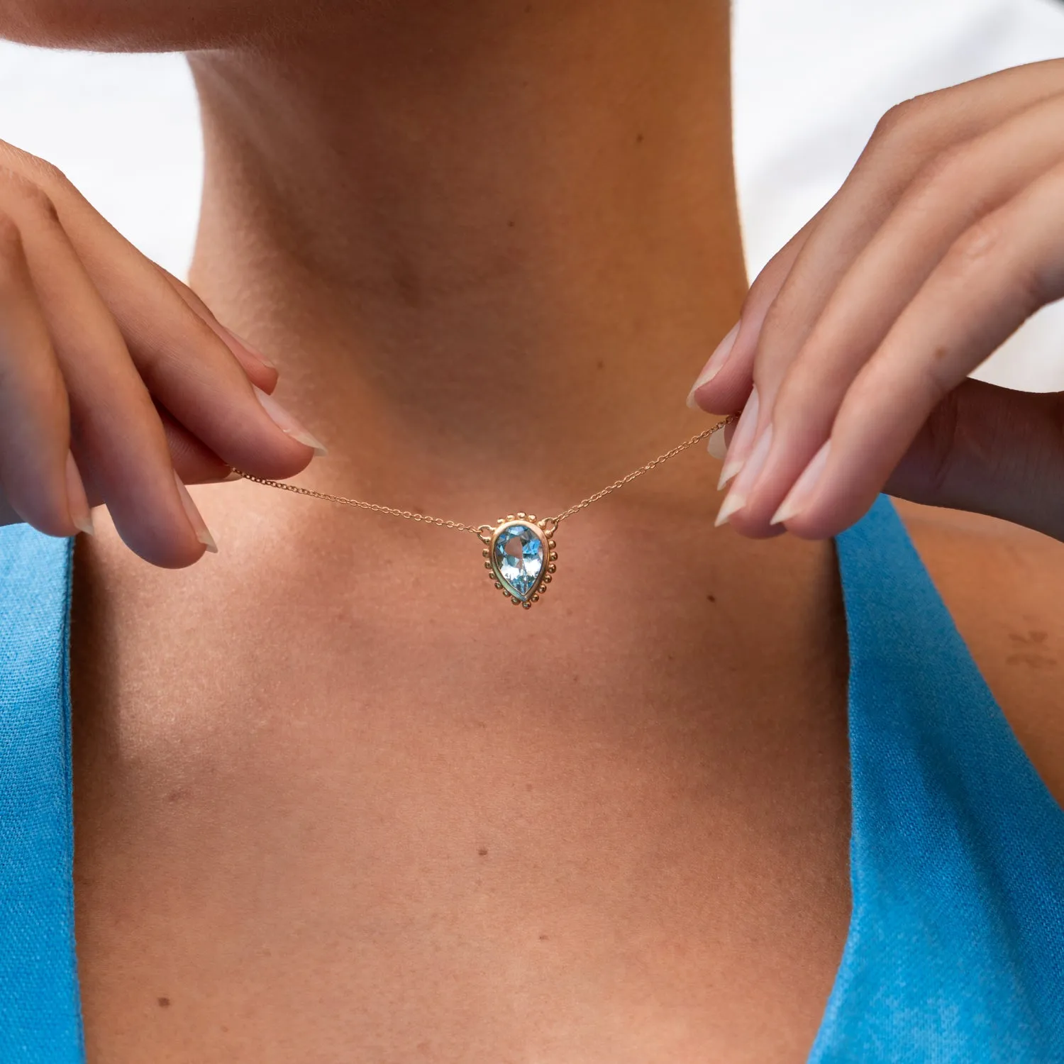 14k Gold Anemone Large Teardrop Pendant with Blue Topaz