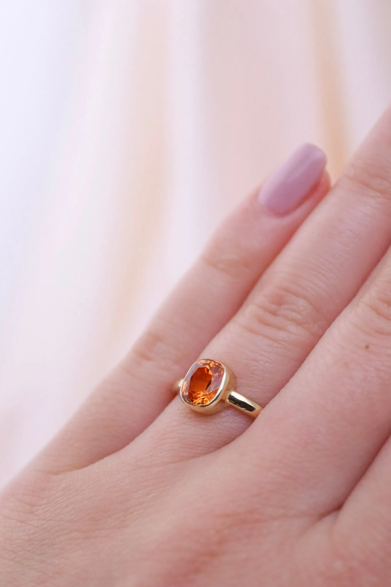 14k Gold Cushion Cut Mandarin Garnet Ring