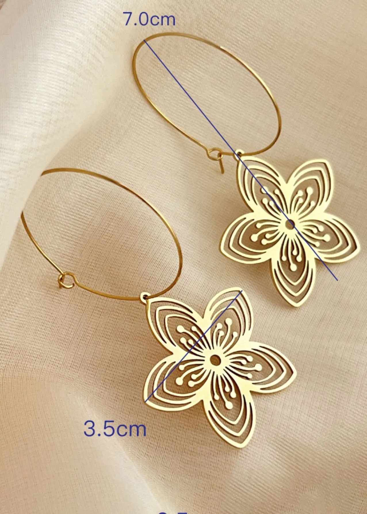 14K Gold Plate Stainless Steel Floral Drop Hoop Statement Earrings