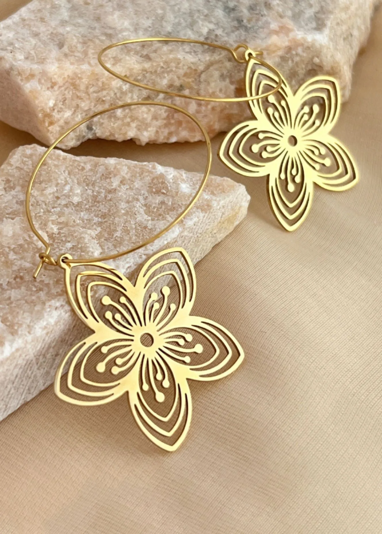 14K Gold Plate Stainless Steel Floral Drop Hoop Statement Earrings