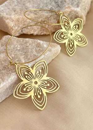 14K Gold Plate Stainless Steel Floral Drop Hoop Statement Earrings