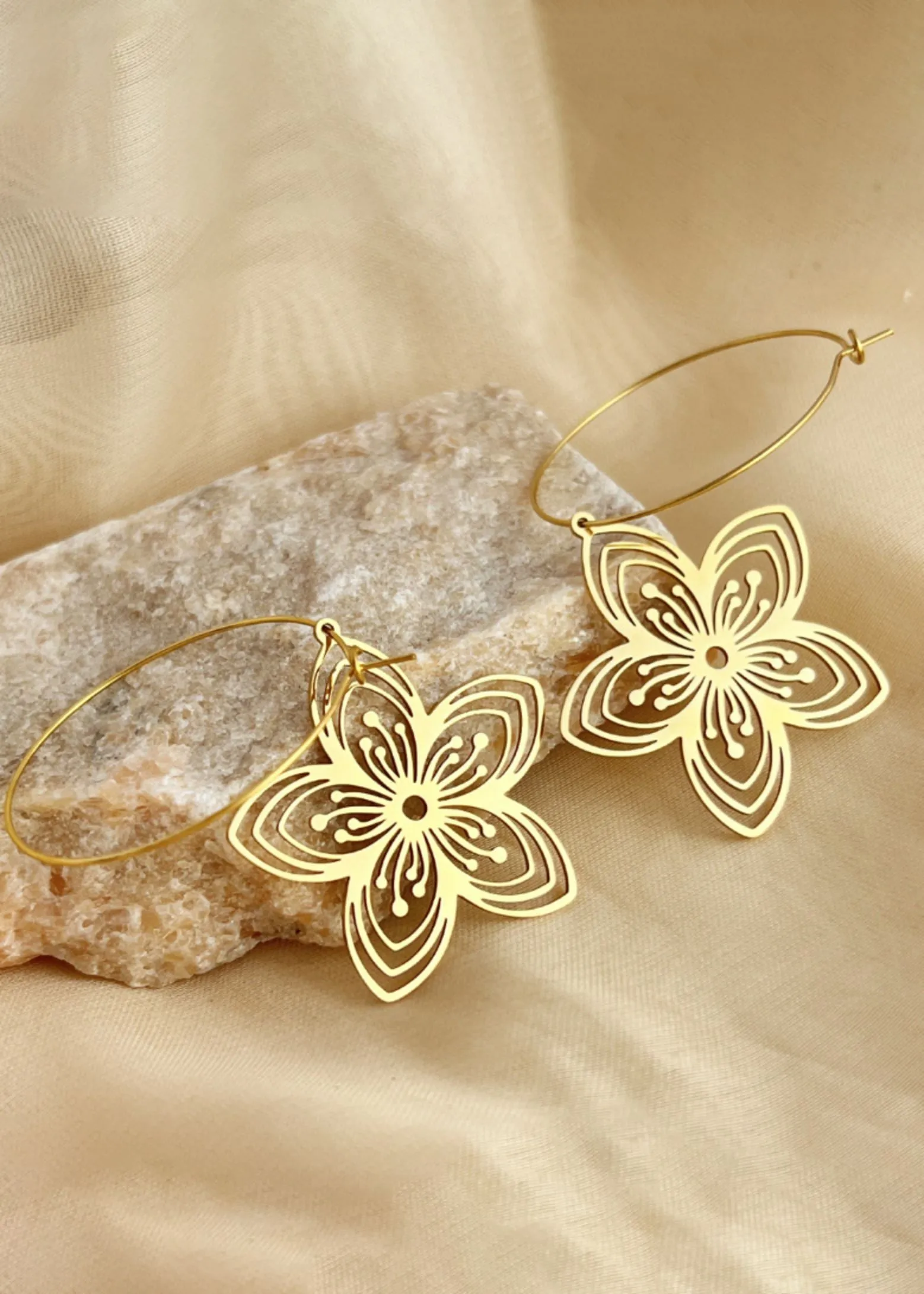 14K Gold Plate Stainless Steel Floral Drop Hoop Statement Earrings
