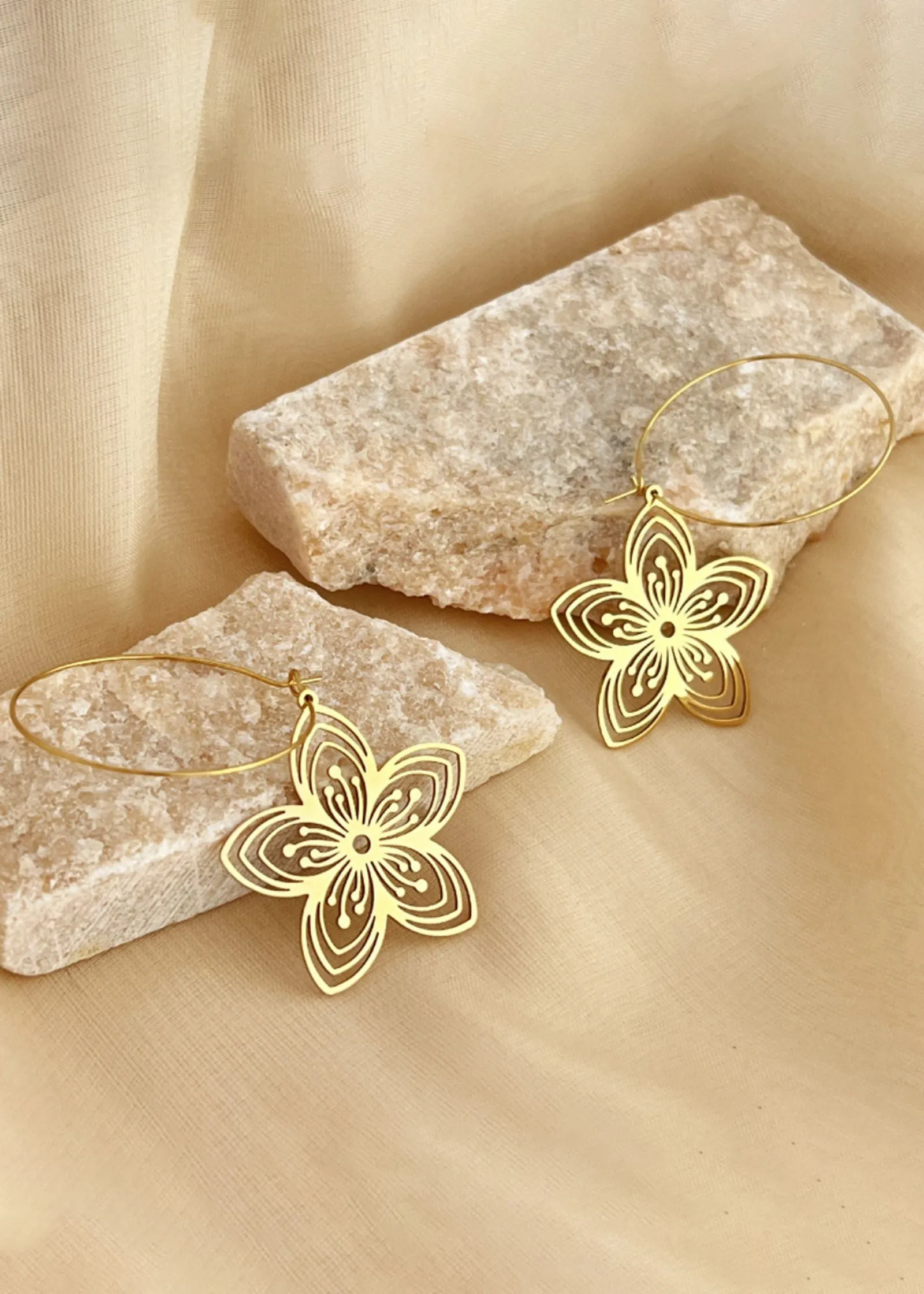 14K Gold Plate Stainless Steel Floral Drop Hoop Statement Earrings