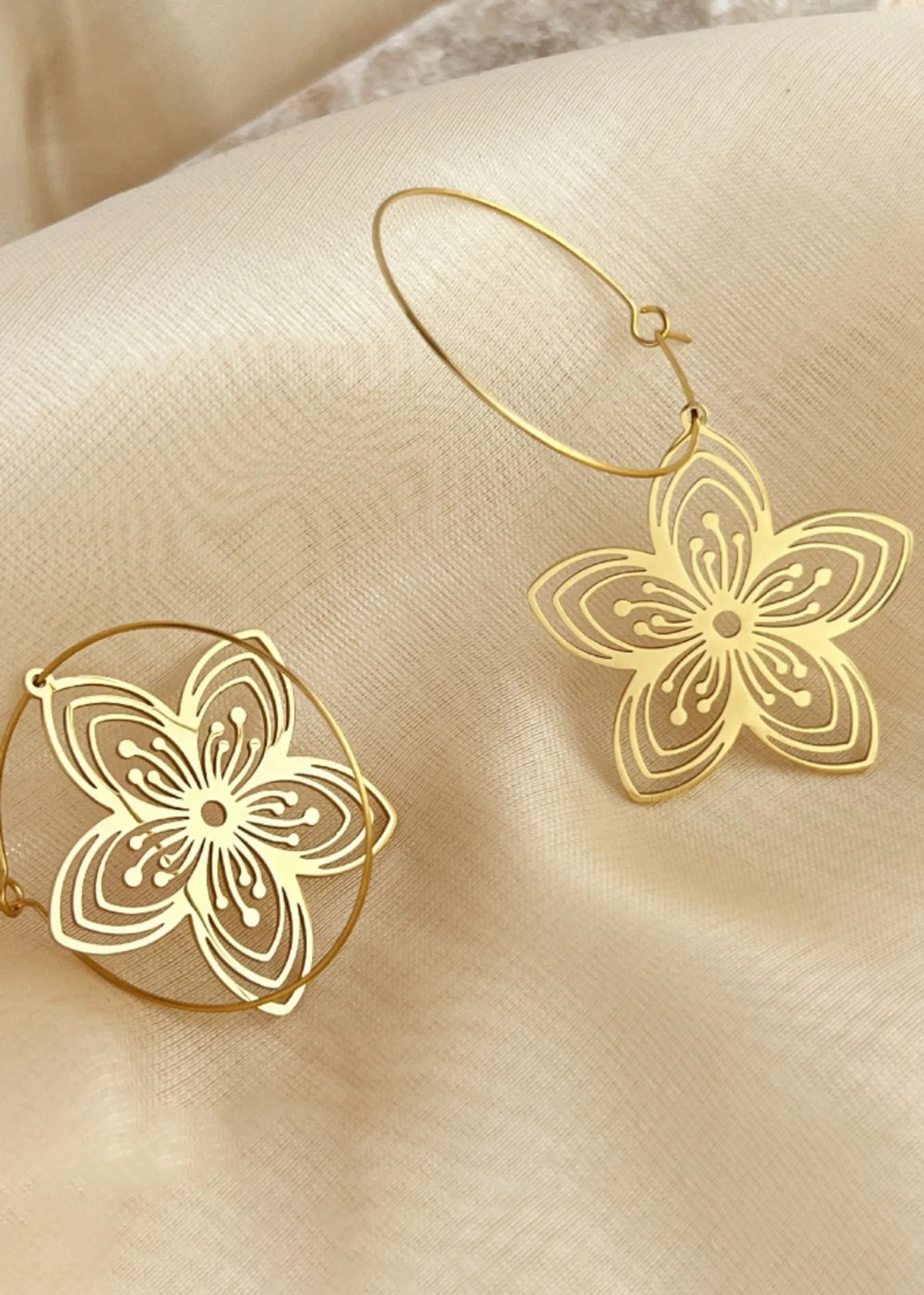 14K Gold Plate Stainless Steel Floral Drop Hoop Statement Earrings