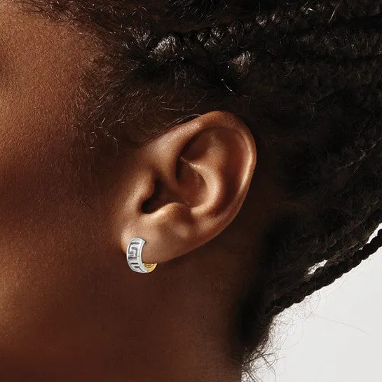 14k Two-tone Filigree Greek Key Hoop Earrings