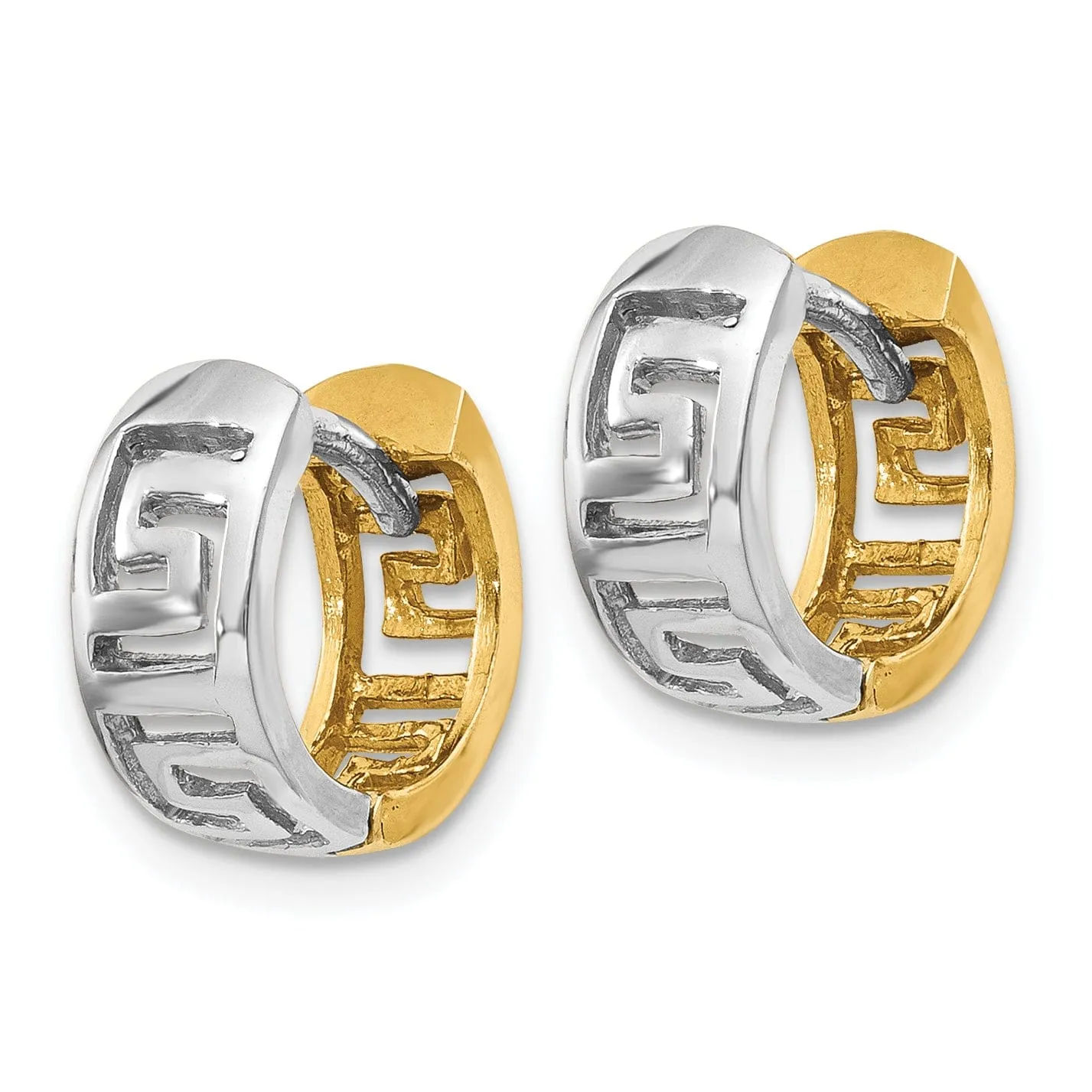 14k Two-tone Filigree Greek Key Hoop Earrings