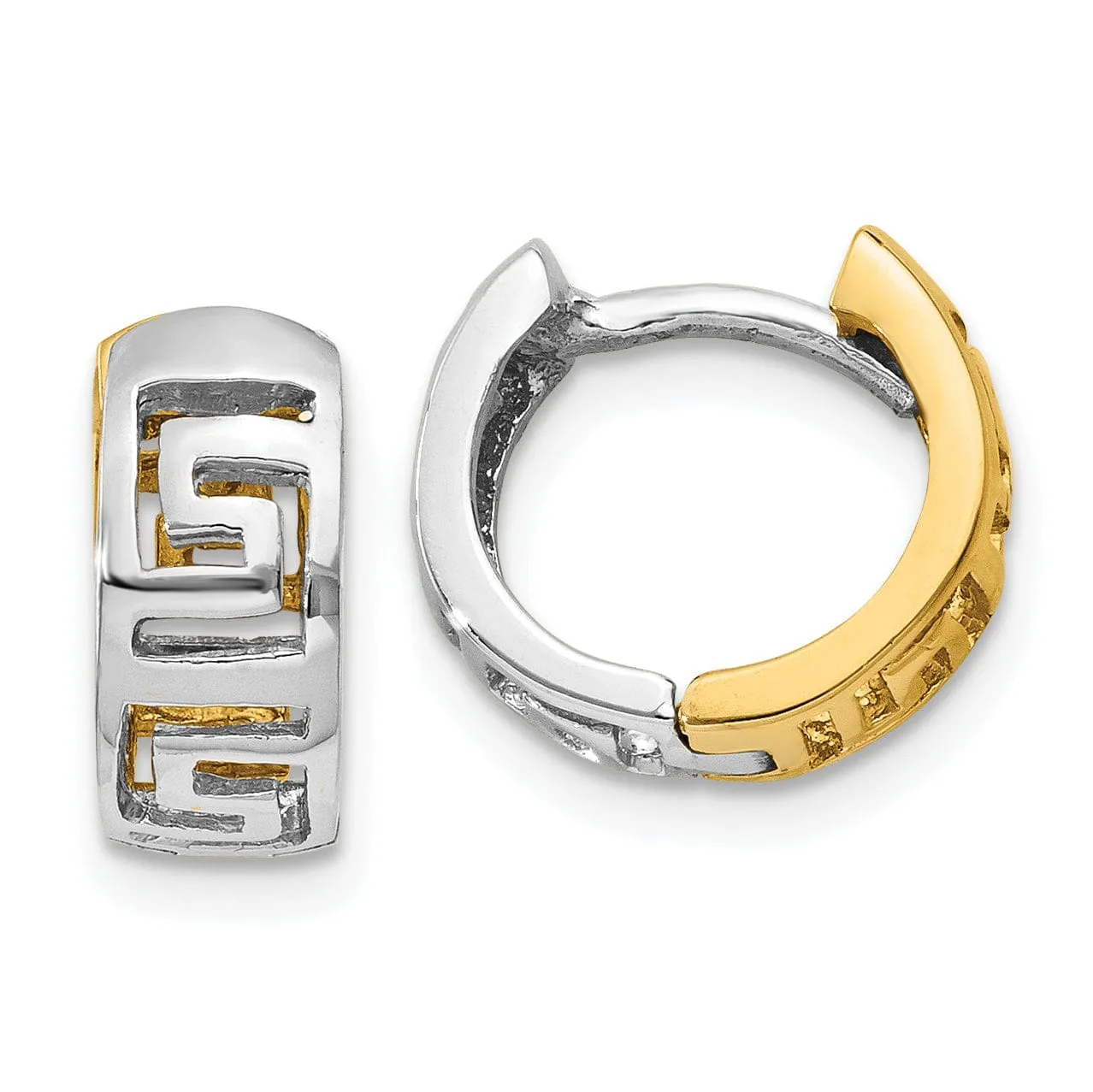 14k Two-tone Filigree Greek Key Hoop Earrings