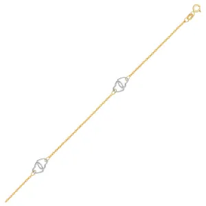 14k Two Tone Gold Entwined Heart Stationed Anklet