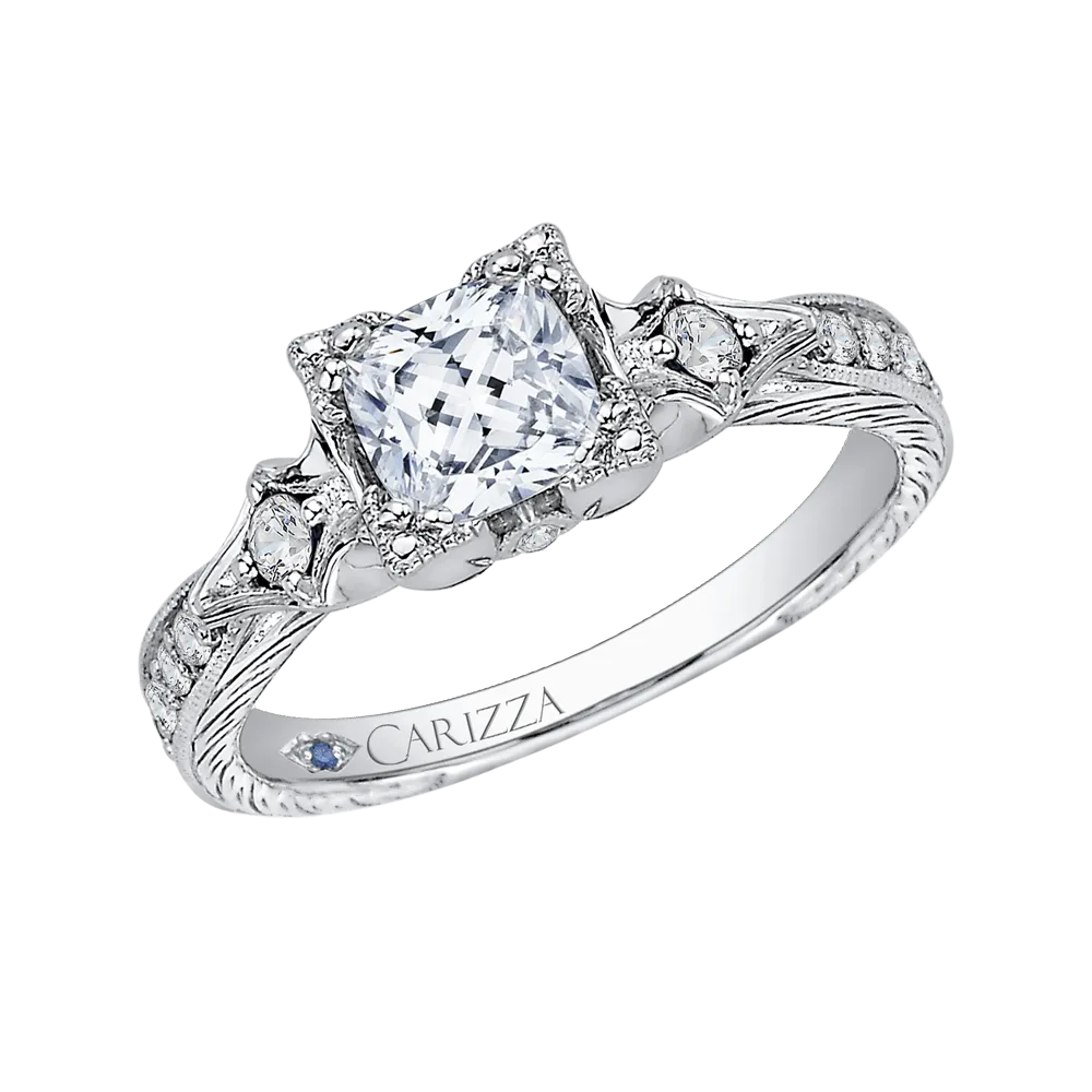 14K White Gold Cushion Cut Diamond Vintage Engagement Ring (Semi Mount)