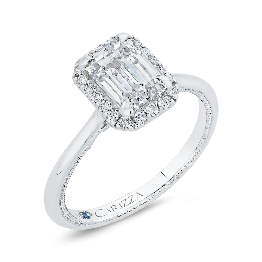 14K White Gold Emerald Cut Diamond Halo Engagement Ring (Semi Mount)