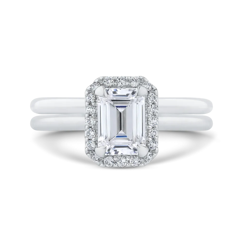 14K White Gold Emerald Cut Diamond Halo Engagement Ring (Semi Mount)