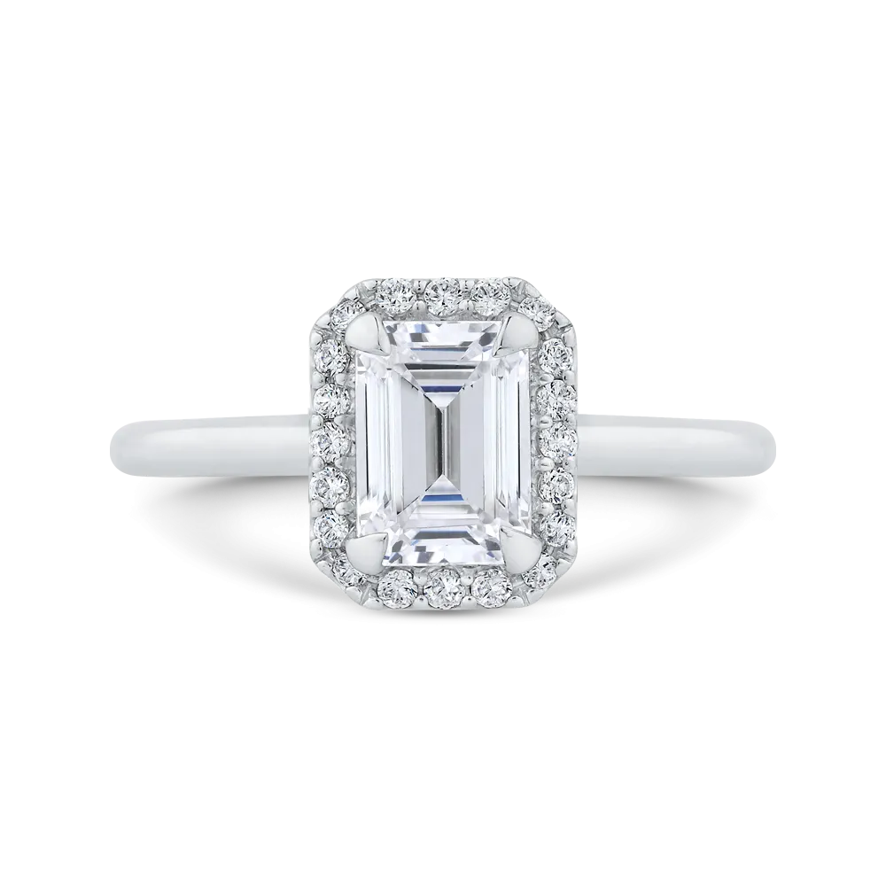 14K White Gold Emerald Cut Diamond Halo Engagement Ring (Semi Mount)