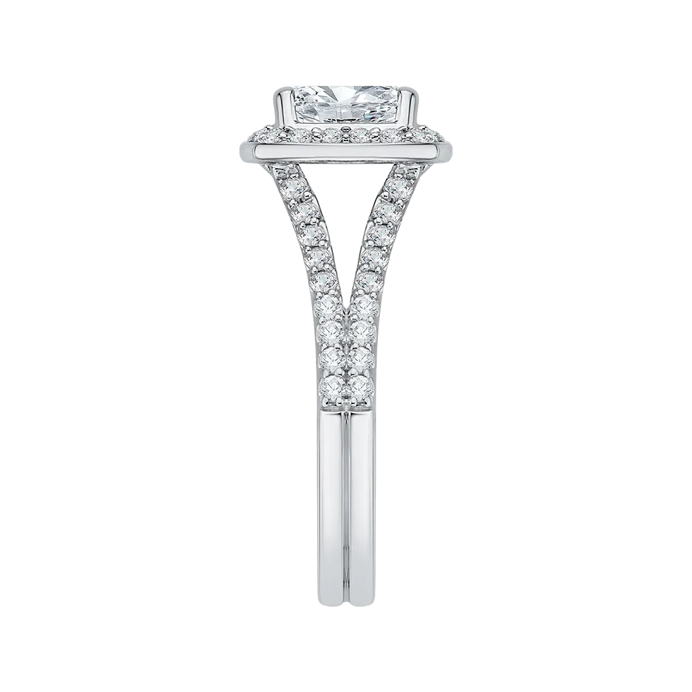 14K White Gold Emerald Diamond Halo Engagement Ring with Split Shank