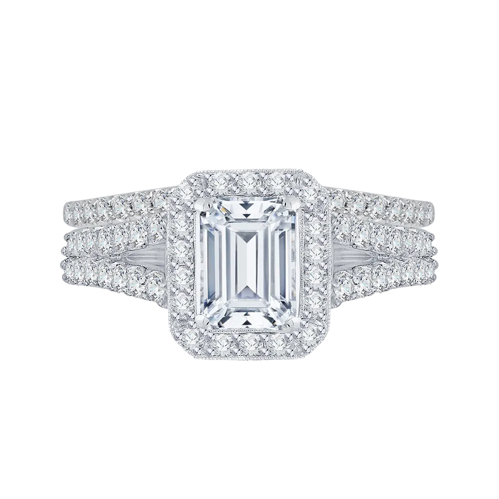14K White Gold Emerald Diamond Halo Engagement Ring with Split Shank