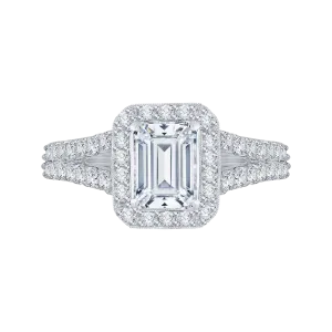 14K White Gold Emerald Diamond Halo Engagement Ring with Split Shank