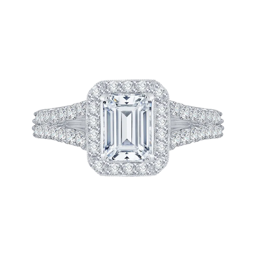 14K White Gold Emerald Diamond Halo Engagement Ring with Split Shank