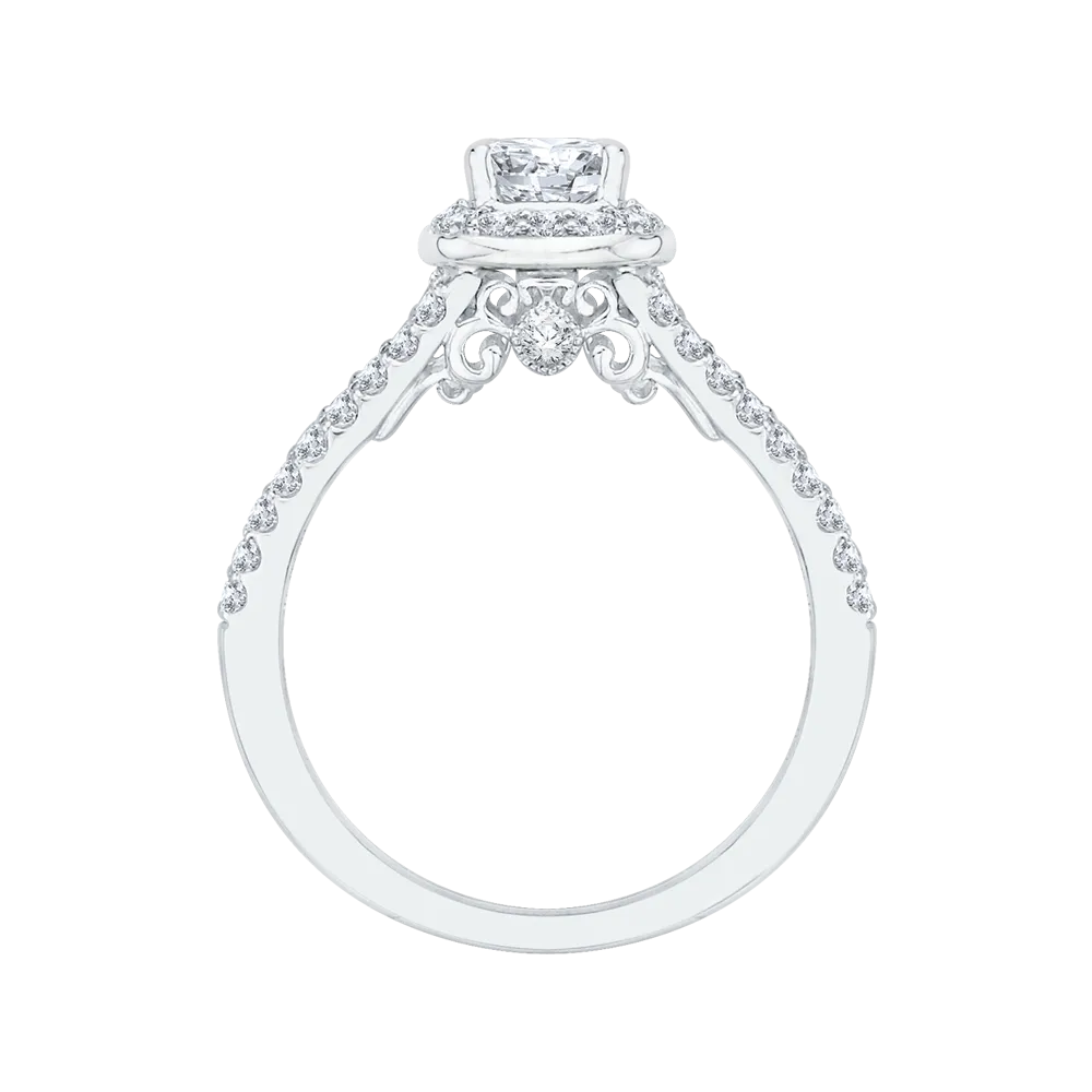 14K White Gold Emerald Diamond Halo Engagement Ring with Split Shank