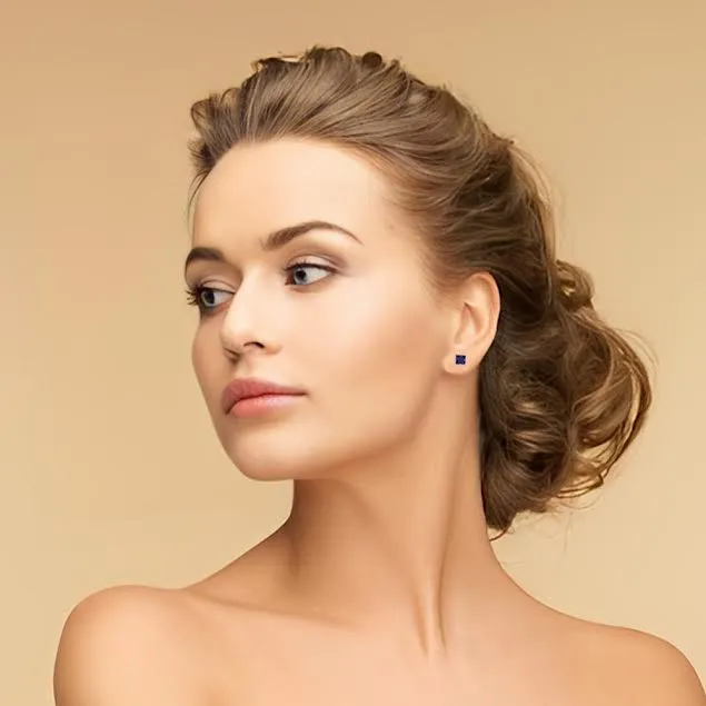 14k White Gold Plated 4 Carat Princess Cut Created Blue Sapphire Stud Earrings