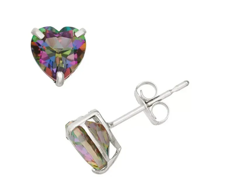 14k White Gold Plated Heart Created Mystic Stud Earrings 6mm