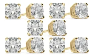 14k Yellow Gold 1/2Ct Cushion Cut White Sapphire Set Of Five Stud Earrings Plated