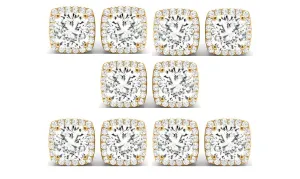 14k Yellow Gold 2Ct Cushion Cut White Sapphire Set Of Five Halo Stud Earrings Plated