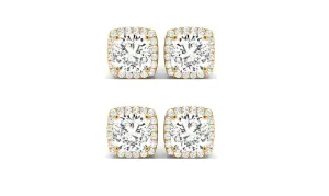 14k Yellow Gold 4mm 1/2Ct Cushion Cut White Sapphire Set Of Two Halo Stud Earrings Plated