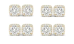 14k Yellow Gold 4mm 4Ct Cushion Cut White Sapphire Set Of Four Halo Stud Earrings Plated