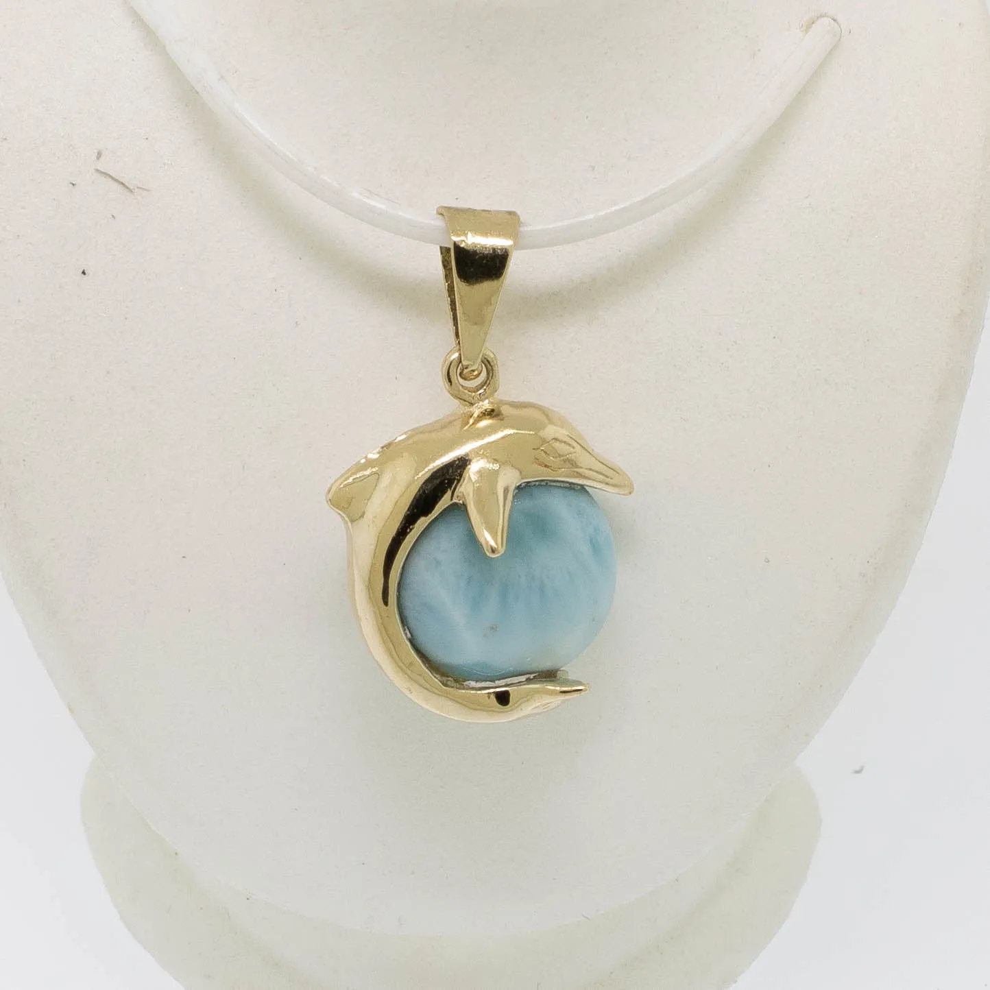 14K Yellow Gold Larimar Stone Inside of Dolphin Pendant Preowned Jewelry