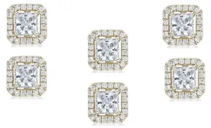 14k Yellow Gold Plated 1Ct Princess Cut White Sapphire Set of Three Halo Stud Earrings